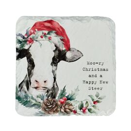 **MULTI 8** Cottage Collection Slate Coaster with Christmas Cow
