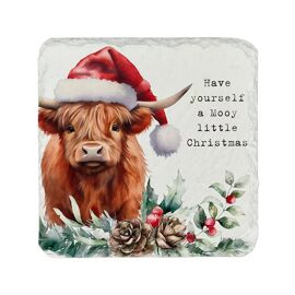 **MULTI 8** Cottage Collection Slate Coaster with Christmas Highland Cow