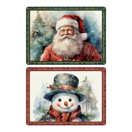 Set of 4 Santa and Snowman Wood & Cork Backed Placemats (2 of each) in Window Gift Box A4