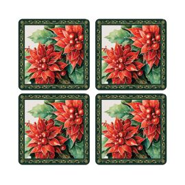 Set of 4 Poinsettia Wood & Cork Backed Coasters in Window Gift Box 10cm