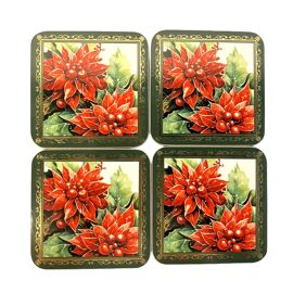 Set of 4 Poinsettia Wood & Cork Backed Coasters in Window Gift Box 10cm
