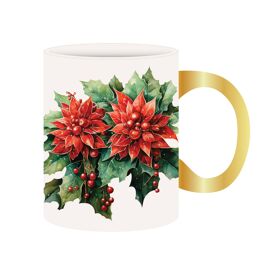 Poinsettia New Bone China Mug & Coaster Set with Gold Handle & Lidded Gift Box