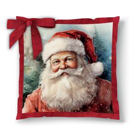 Velour Cushion with Santa Print and Back Checkered Pattern, Red Fringe and Bow 40x40cm