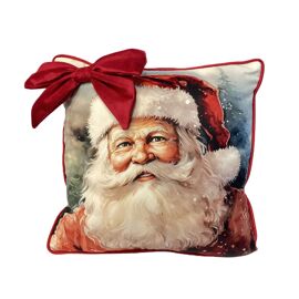 Velour Cushion with Santa Print and Back Checkered Pattern, Red Fringe and Bow 40x40cm