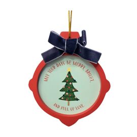 **MULTI 6** Wooden Layered Christmas Ornament with Bow and Gold Ribbon 10cm x 12cm - Merry & Bright