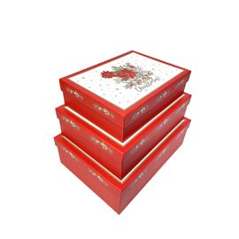 Set of 3 Merry Christmas Red Poinsettia Paper Boxes with Hot Foil Lid - Largest Size:29x21x9.5cm